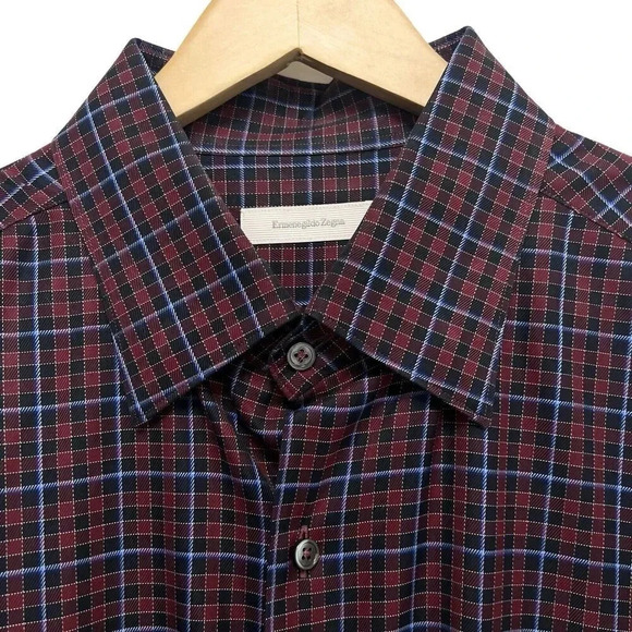 Ermenegildo Zegna Casual Button Down Shirt Red With Blue Plaid Italy Size XXL - Picture 4 of 9